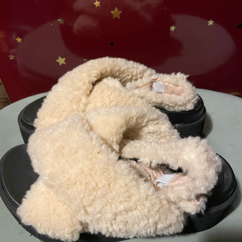 Cream Fuzzy Slippers with Black Soles